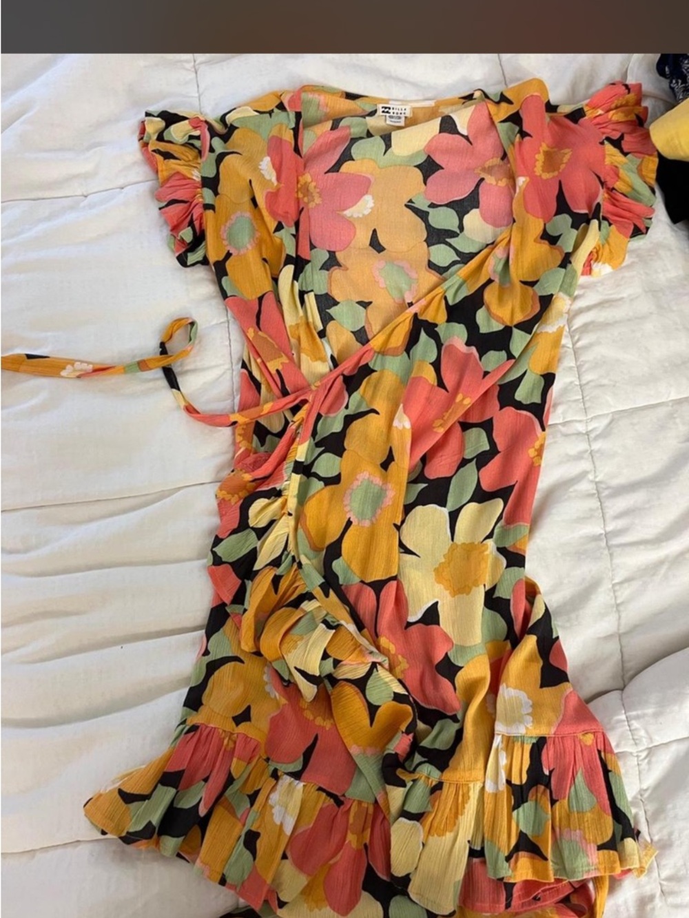 Billabong Floral Wrap Dress in Yellow, Coral, Black